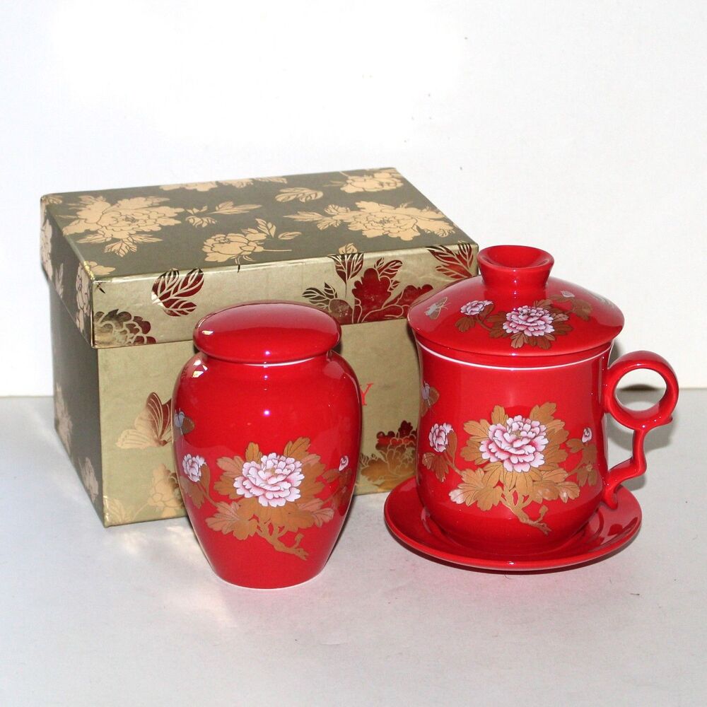 Teavana Red Peony Tea Infuser Mug and Canister Set porcelain pink gold